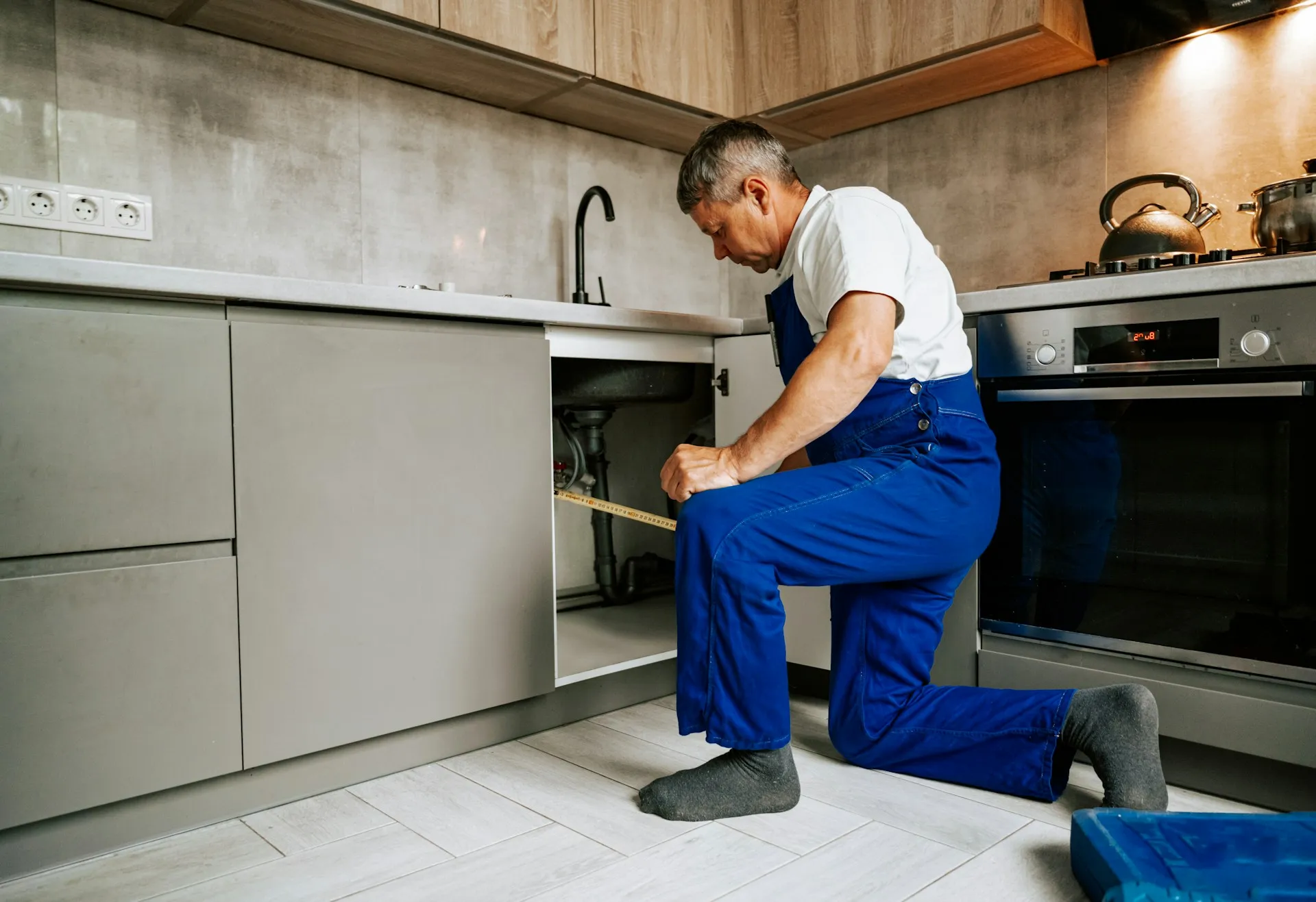 Plomero midiendo la instalación bajo el fregadero de una cocina